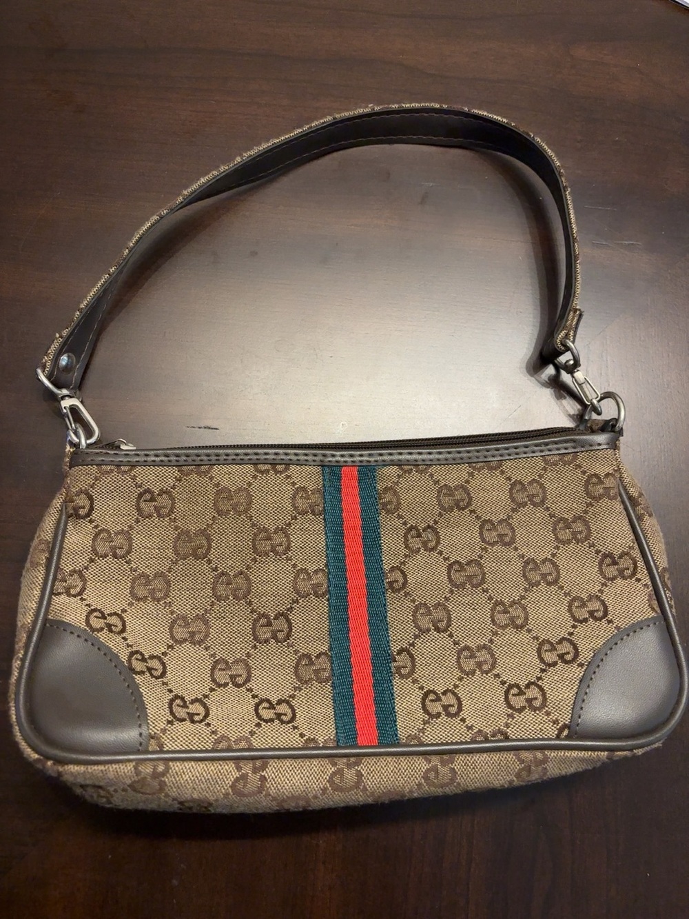 Classic Monogram Canvas Shoulder Bag with Green and Red Web Stripe -